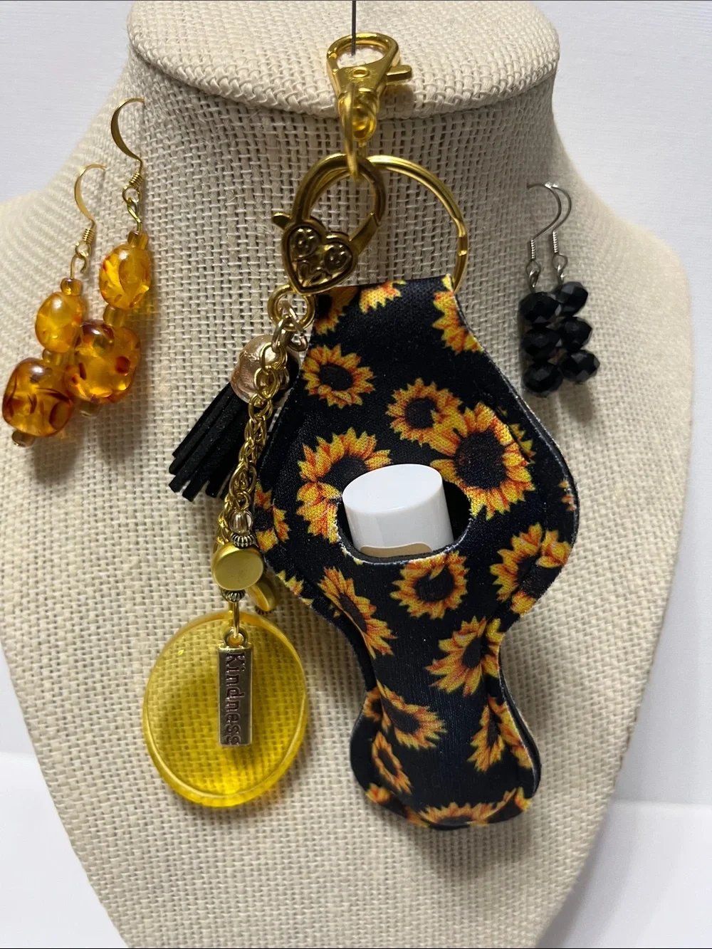 Sunflower Print Lip balm Detachable Keychain Gold Charm 2 pr Earrings